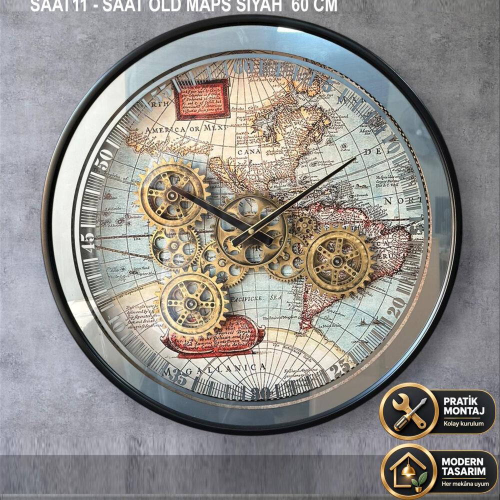 SAAT OLD MAPS SİYAH  60 CM