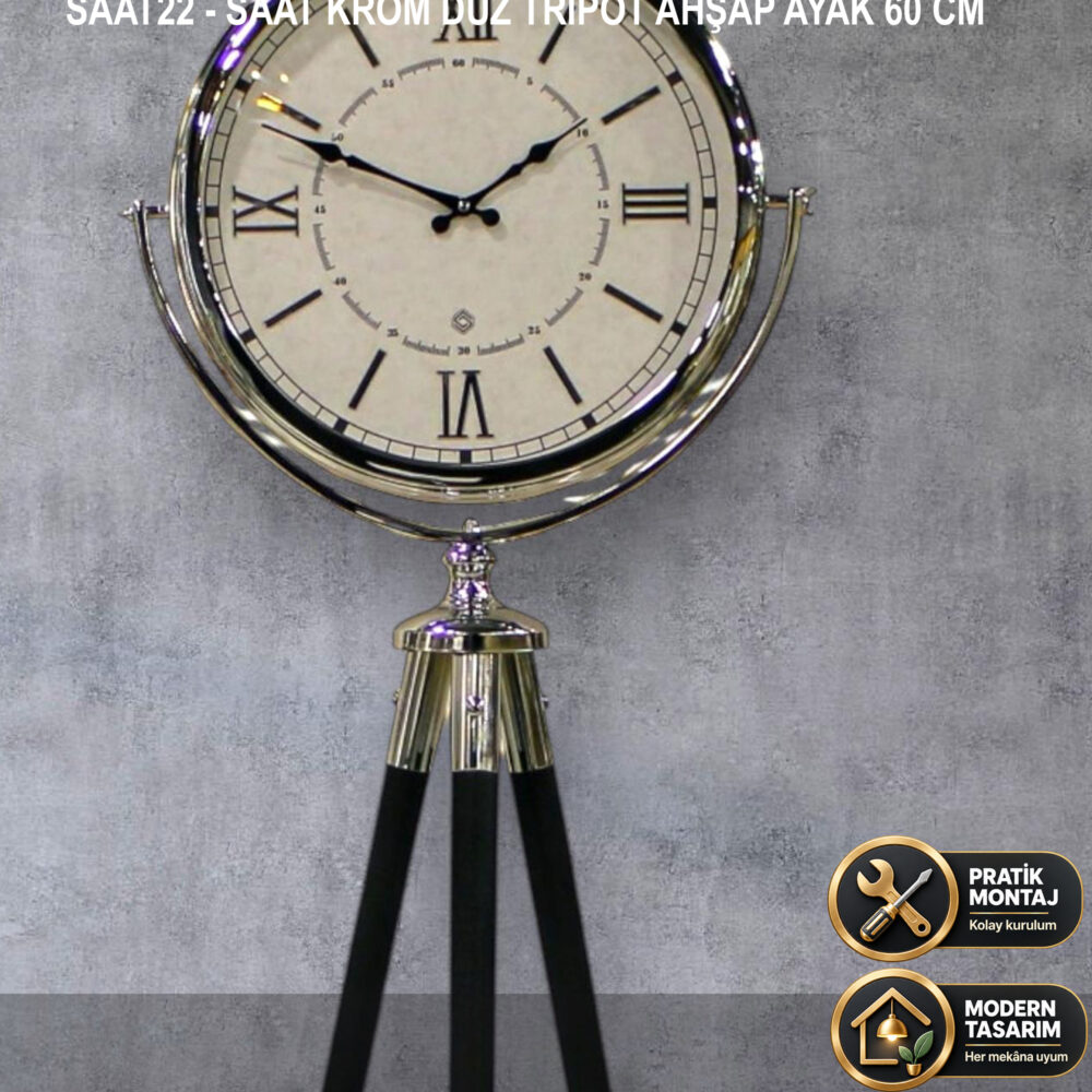 SAAT KROM DÜZ TRİPOT AHŞAP AYAK 60 CM